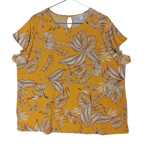 Liz Claiborne Blouse Size 1X Yellow and Beige Floral Print Short Flowy Sleeves - Picture 1 of 8